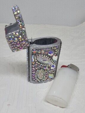 Rhinestone Jeweled Silver Lighter Case - Iridescent Crystal